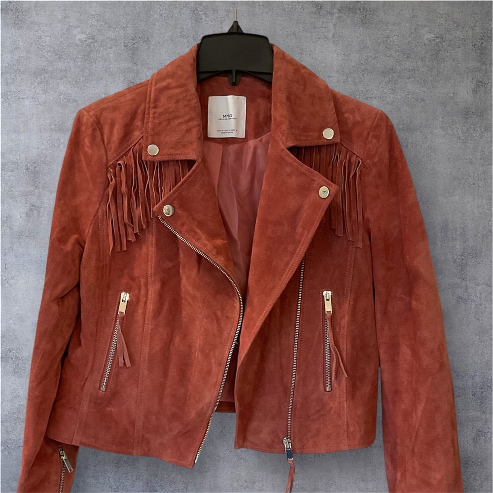 MNG Mango Leather biker fringed jacket with zipper detail, mauve color, Sz M - Picture 16 of 16